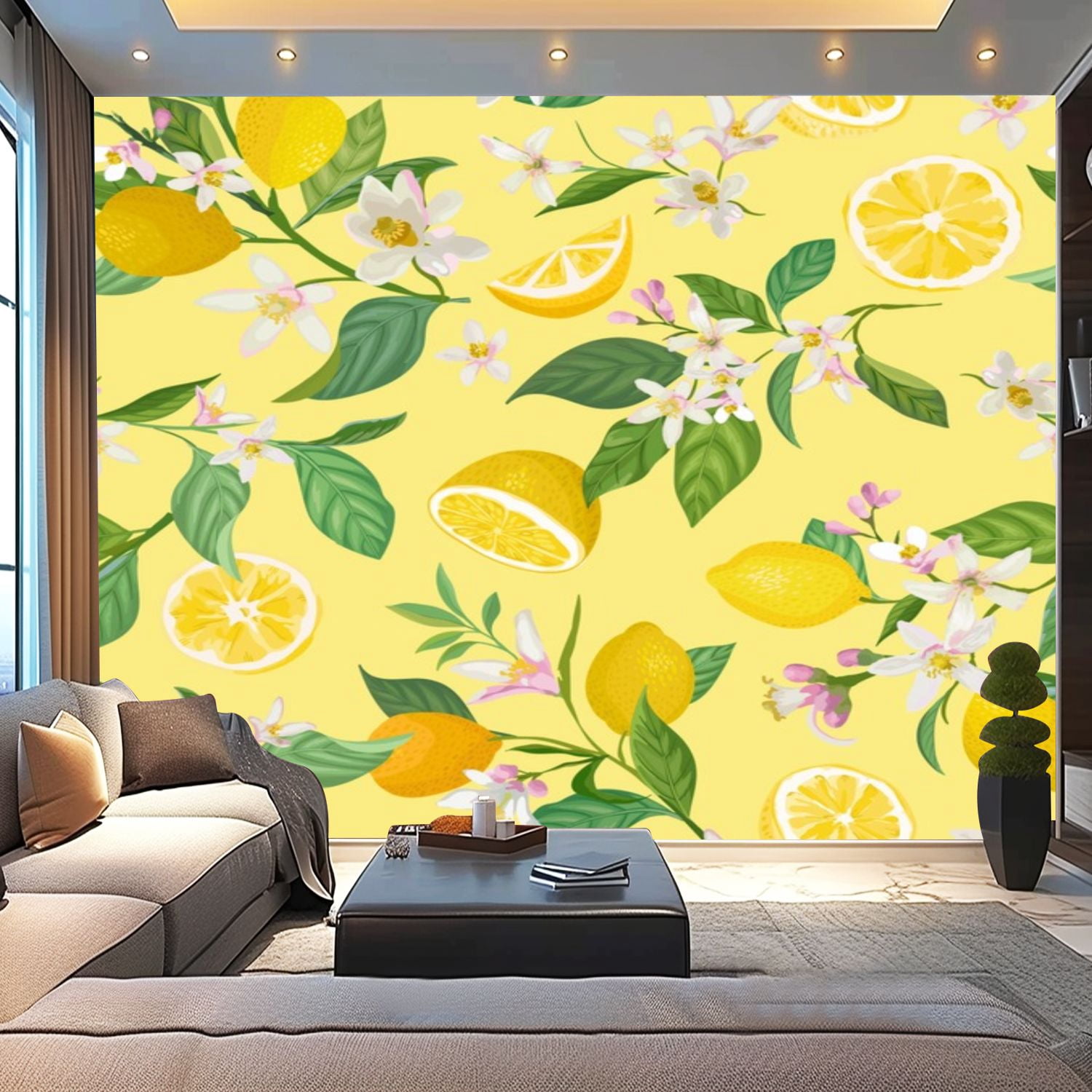 Peel and Stick Wallpaper Canvas Seamless Lemon tropic fruits leaves ...
