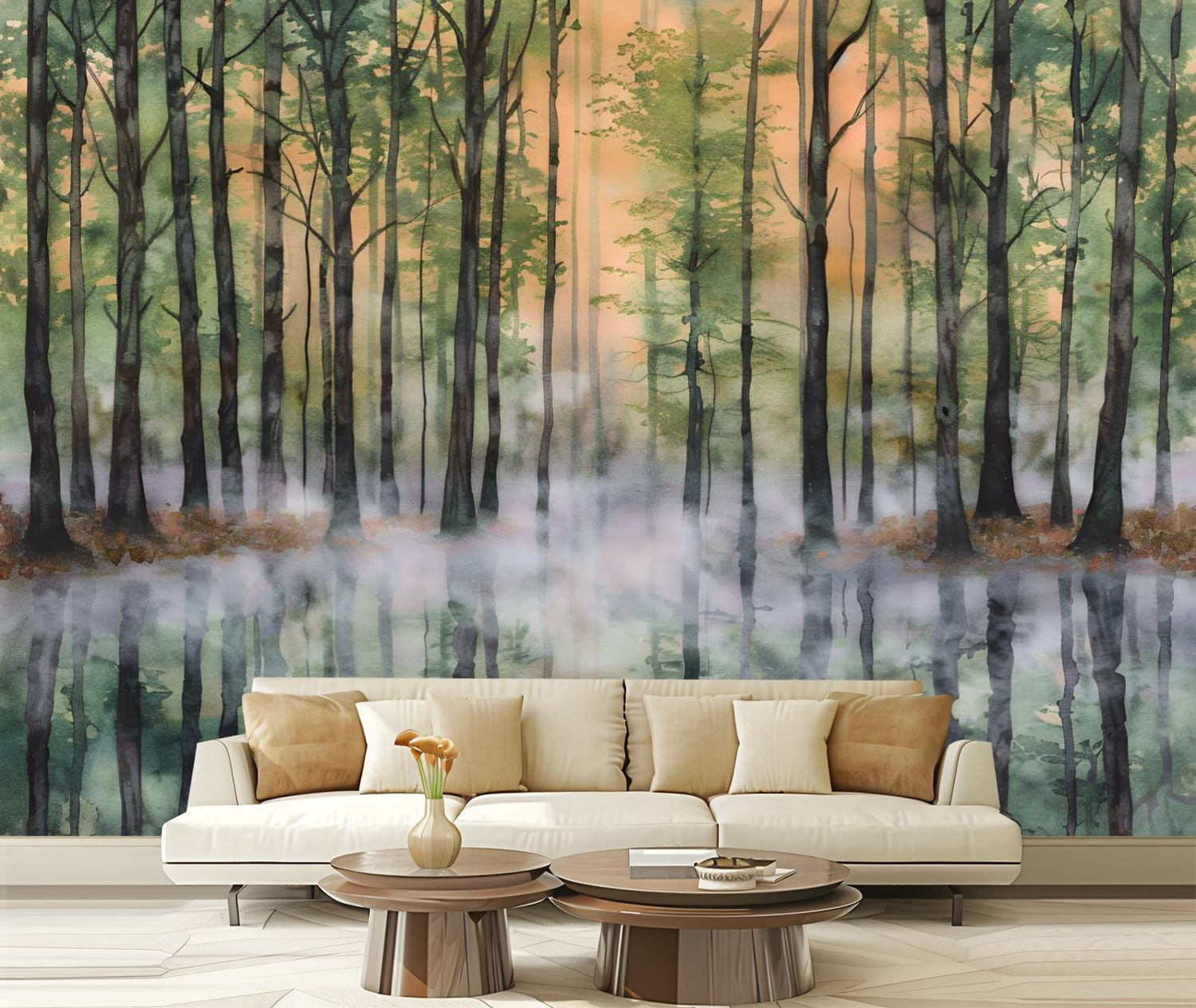 Peel and Stick Wallpaper Canvas Serene Lake Reflection Misty Golden ...