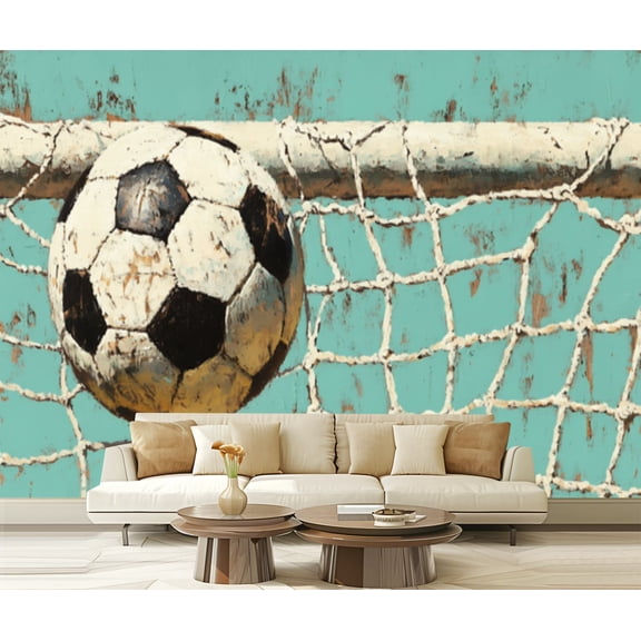 Peel and Stick Wallpaper Canvas Sports Rustic Football Sport Theme Vintage Soccer Ball Goal Net Modern Art Wall Mural Decor Self Adhesive and Removable 69in x 98in