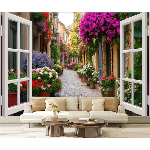 Peel and Stick Wallpaper Canvas Spring Italy Rose Alley Landscape Faux Window Alleys Flower Sticker Modern Art Wall Mural Decor Self Adhesive and Removable 69in x 98in
