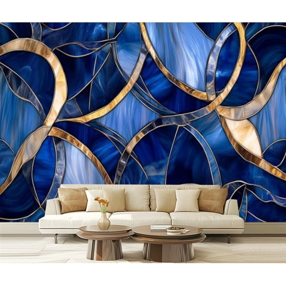Peel and Stick Wallpaper Canvas Stained Glass Cobalt Blue Abstract Patterns Interlocking Shapes Glassy Modern Art Wall Mural Decor Self Adhesive and Removable 69in x 98in