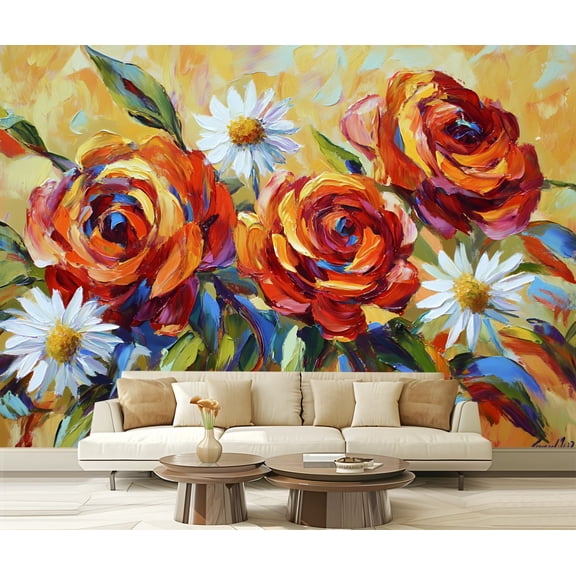 Peel and Stick Wallpaper Canvas Still Life Yellow Red Flowers Oil Painting Bouquet Rose Roses Daisies Modern Art Wall Mural Decor Self Adhesive and Removable 69in x 98in