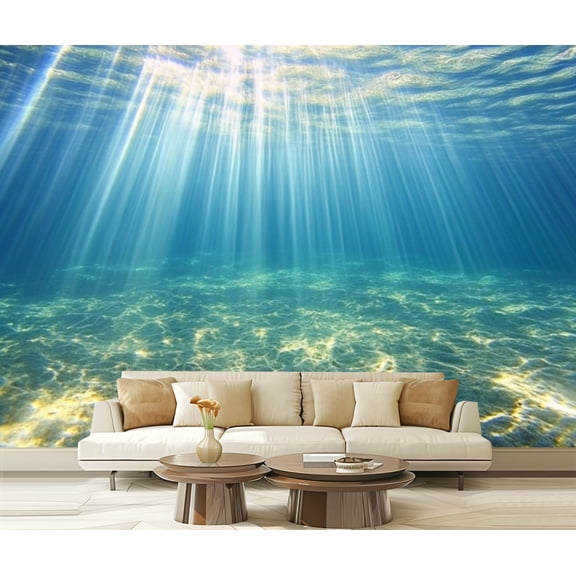 Peel and Stick Wallpaper Canvas Sunshine Sea Seascape Sunlight Water Surface Waves Underwater View Modern Art Wall Mural Decor Self Adhesive and Removable 69in x 98in