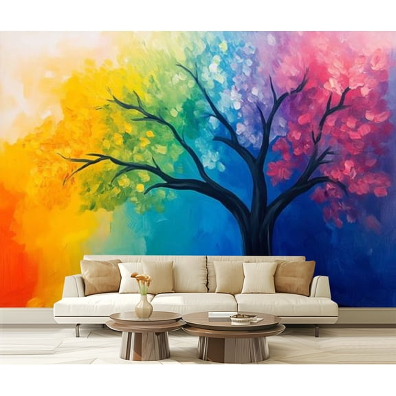 Peel and Stick Wallpaper Canvas Tree Art Colorful Rainbow Leaves Branching Structure Vivid Gradient Modern Art Wall Mural Decor Self Adhesive and Removable 69in x 98in