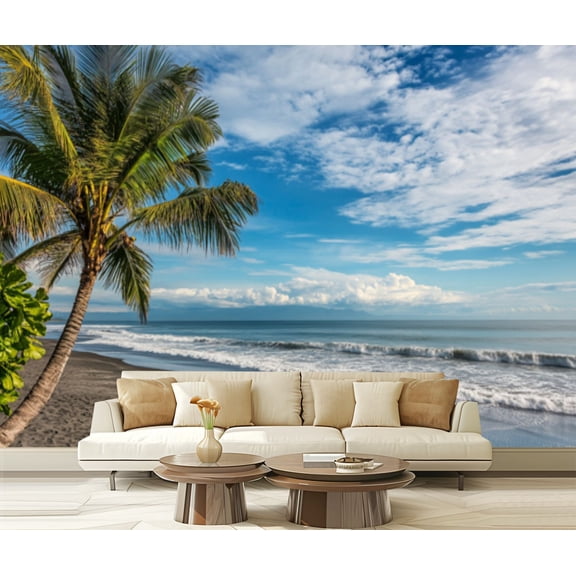 Peel and Stick Wallpaper Canvas Tropical Beach Ocean Waves Coastal Oceanic Blue Sky Sea Print Seaside Modern Art Wall Mural Decor Self Adhesive and Removable 69in x 98in