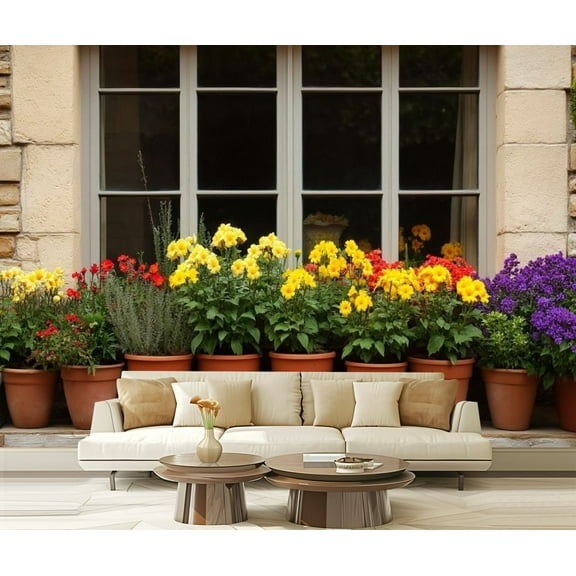 Peel and Stick Wallpaper Canvas Tuscany Italy Flowers Green Plants Medieval Village Town Scenery Stone Modern Art Wall Mural Decor Self Adhesive and Removable 69in x 98in