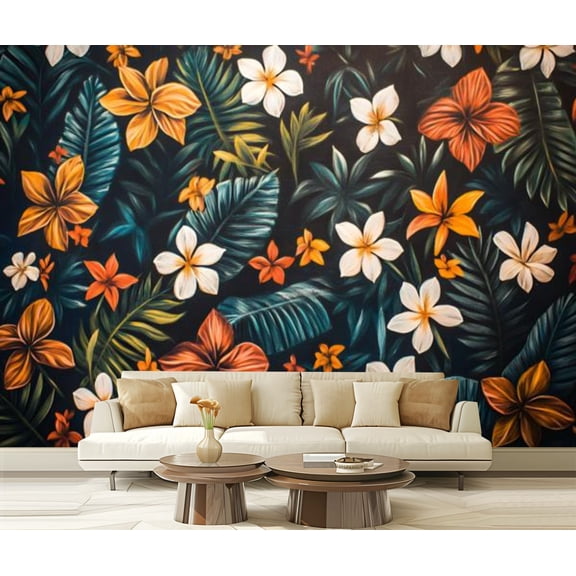 Peel and Stick Wallpaper Canvas Vintage Floral Black Bronze Navy White Tropical Leaves Exotic Flowers Modern Art Wall Mural Decor Self Adhesive and Removable 69in x 98in