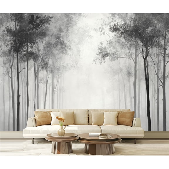 Peel and Stick Wallpaper Canvas Vintage Forest Woodland Mural Gray Old Wall Tree Trees Branches Leaves Modern Art Wall Mural Decor Self Adhesive and Removable 69in x 98in