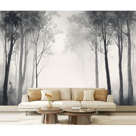 Peel and Stick Wallpaper Canvas Vintage Forest Woodland Mural Gray Old Wall Tree Trees Branches Leaves Modern Art Wall Mural Decor Self Adhesive and Removable 69in x 98in