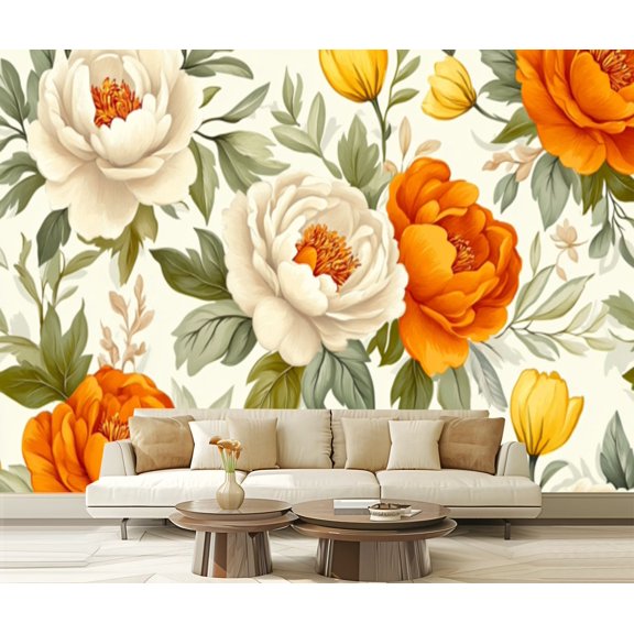 Peel and Stick Wallpaper Canvas Vintage Large Floral Peony Retro Flower Peonies Rose Floral Orange Modern Art Wall Mural Decor Self Adhesive and Removable 69in x 98in