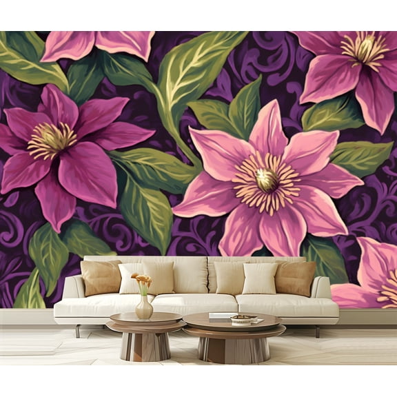 Peel and Stick Wallpaper Canvas Vintage Purple Flowers Clematis Pink Floral Leaf Large Flowers Leaves Modern Art Wall Mural Decor Self Adhesive and Removable 69in x 98in