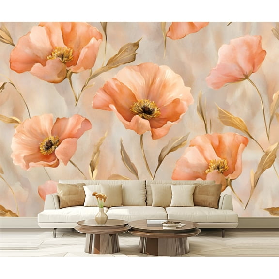 Peel and Stick Wallpaper Canvas Watercolor Floral Distressed Orange Pink Flower Honey Dreamy Delicate Modern Art Wall Mural Decor Self Adhesive and Removable 69in x 98in