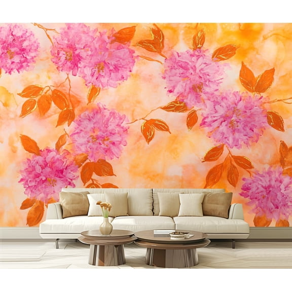 Peel and Stick Wallpaper Canvas Watercolor Floral Distressed Orange Pink Flower Honey Dreamy Delicate Modern Art Wall Mural Decor Self Adhesive and Removable 69in x 98in