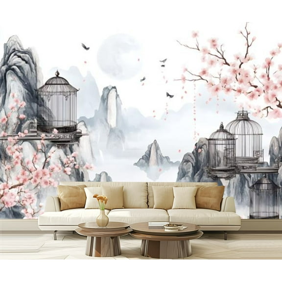 Peel and Stick Wallpaper Canvas White Peach Blossm Flowers Chinese Style Tree Branches Ancient Poems Modern Art Wall Mural Decor Self Adhesive and Removable 69in x 98in