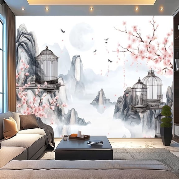 Peel and Stick Wallpaper Canvas White Peach Blossm Flowers Chinese Style Tree Branches Ancient Poems Modern Art Wall Mural Decor Self Adhesive and Removable 100in x 144in