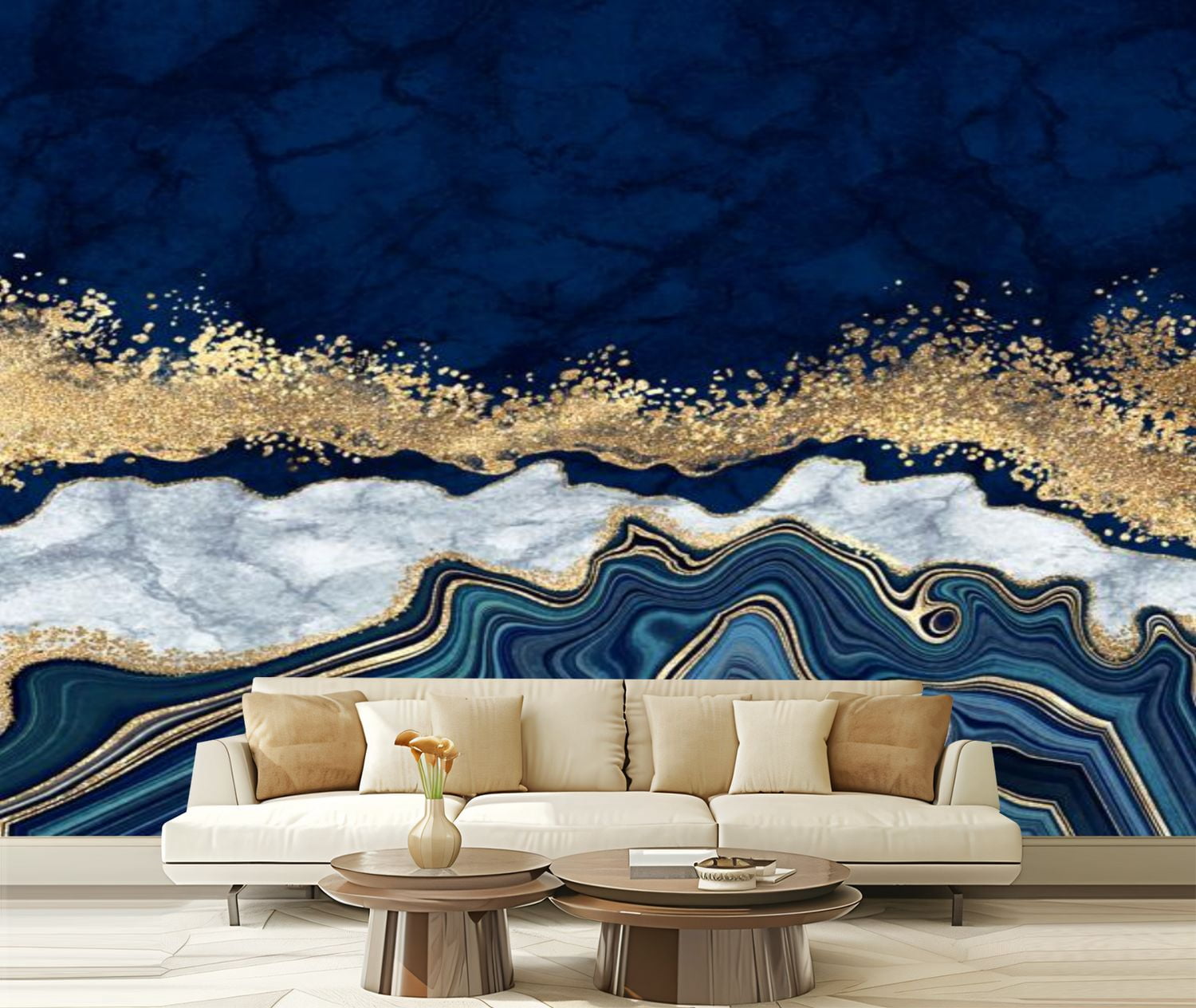 Peel and Stick Wallpaper Canvas abstract blue agate golden veins white ...