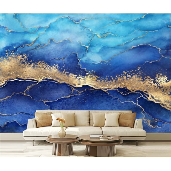 Peel and Stick Wallpaper Canvas abstract blue marble golden veins ...