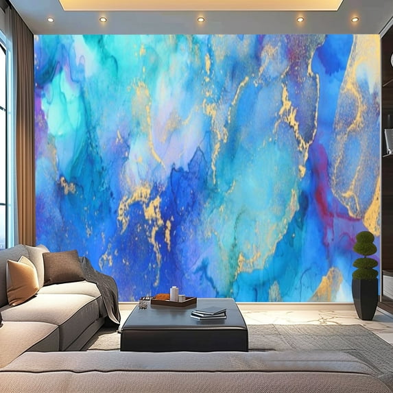 Peel and Stick Wallpaper Canvas art photography abstract fluid art painting alcohol ink blue gold Modern Art Wall Mural Decor Self Adhesive and Removable 100in x 144in