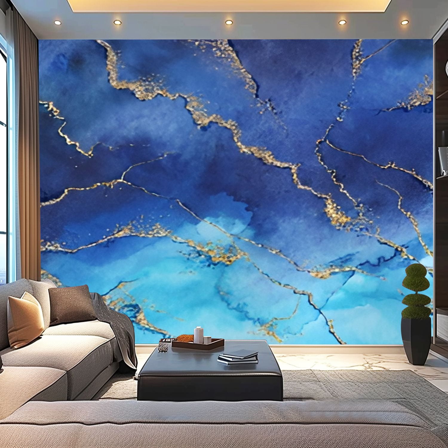 Peel and Stick Wallpaper Canvas blue marble gold glitter veins abstract ...