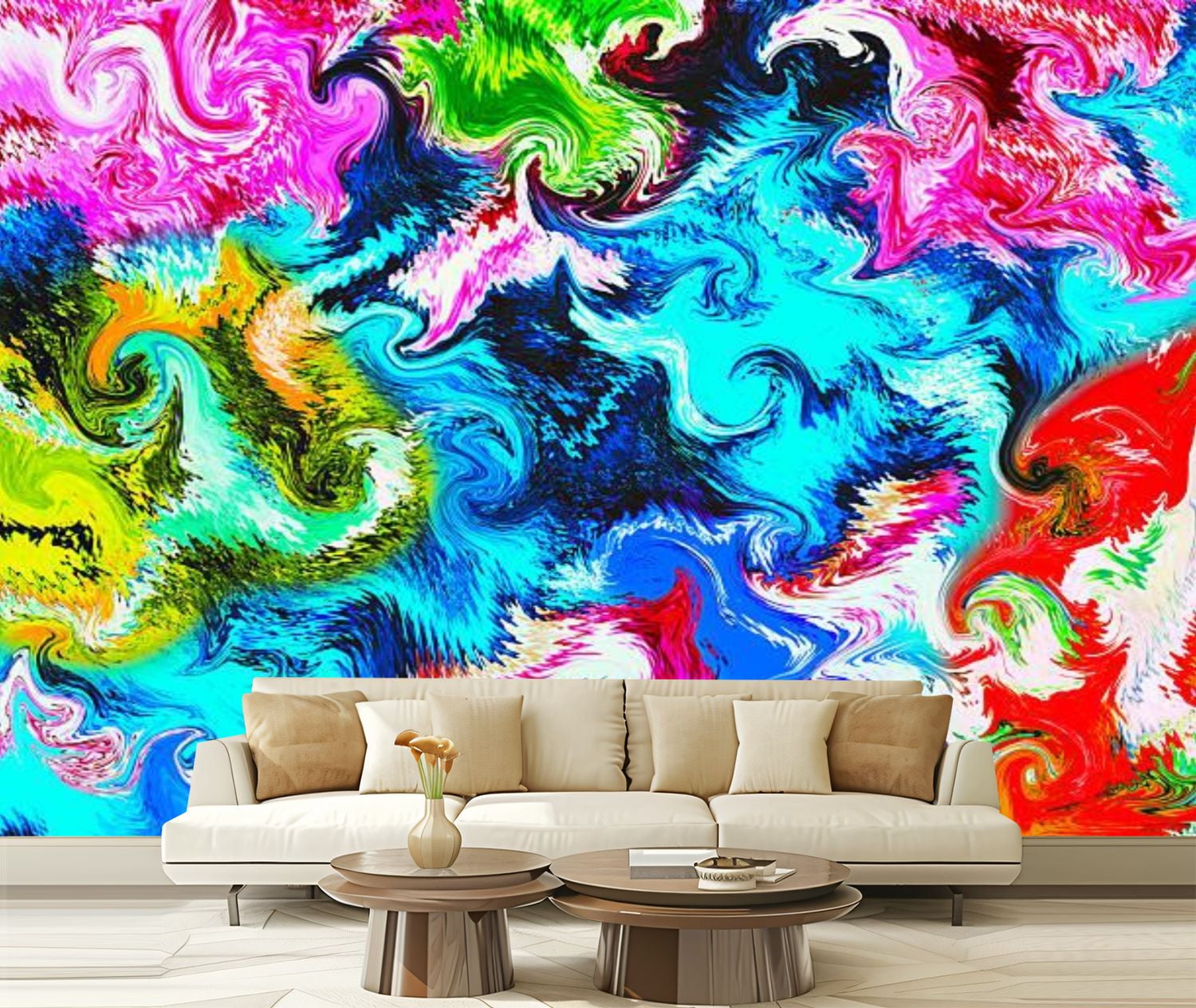 Peel and Stick Wallpaper Canvas multicolored abstraction swirls rainbow ...