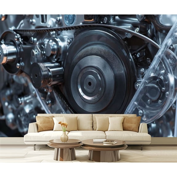Peel and Stick Wallpaper Car Engine Modern Automobile Motor Metal Chrome Plastic Parts Engine Modern Art Wall Mural Decor Self Adhesive and Removable 69in x 98in