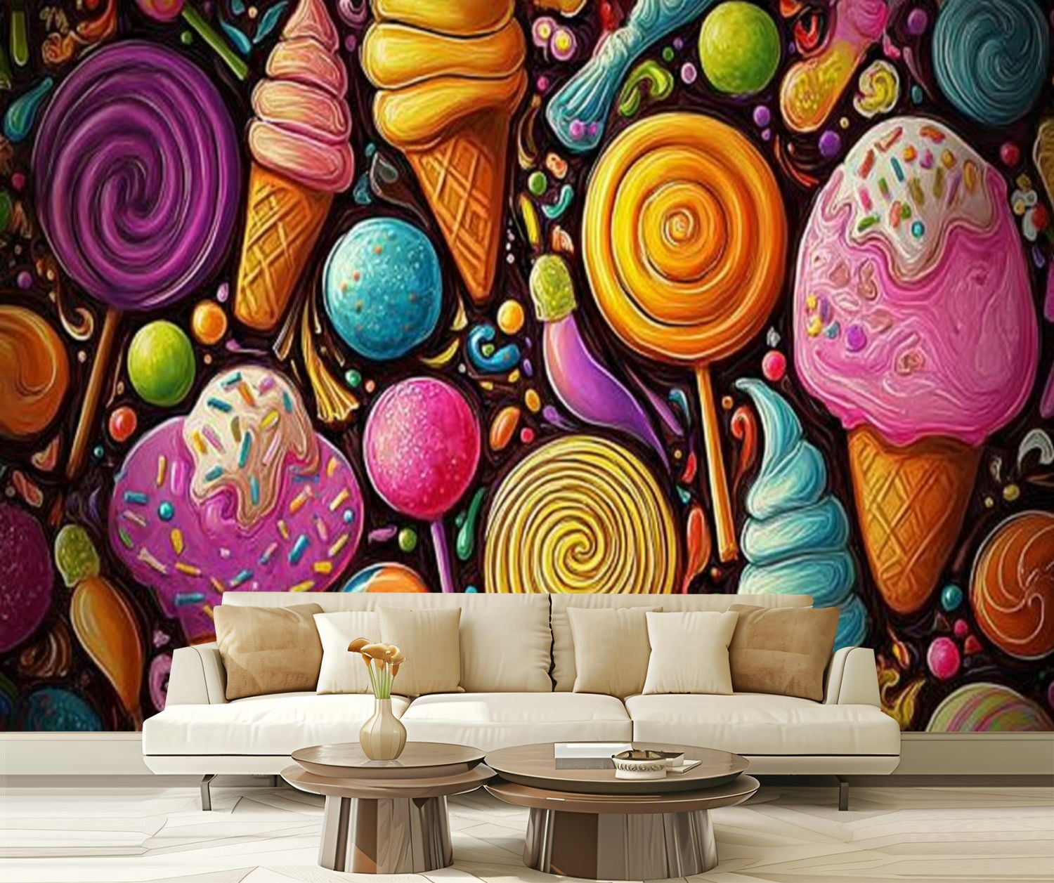 Peel and Stick Wallpaper Cartoon Hand Drawn Ice Cream Doodles Cones Cupcakes Lollipops Modern Art Wall Mural Decor Self Adhesive and Removable 69in x 98in