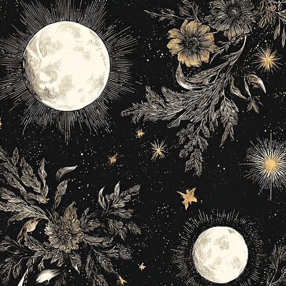 Peel and Stick Wallpaper Celestial Moon Floral Night Sky Stars Gold Accents Wall Mural 17.7in x 9.8ft Self Adhesive Removable Wall Paper Renter Friendly Wallpaper for Nursery Bedroom Cabinets