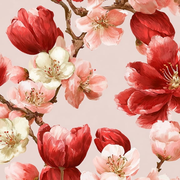 Peel and Stick Wallpaper Cherry Blossom Floral Red Pink Flowers Soft Beige Wall Mural 23.6in x 9.8ft Self Adhesive Removable Wall Paper Renter Friendly Wallpaper for Nursery Bedroom Cabinets