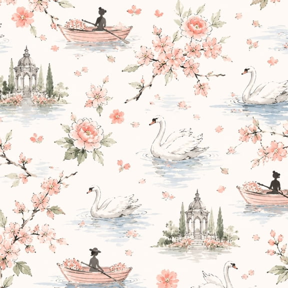 Peel and Stick Wallpaper Cherry Blossom Rowing Girl Swans Classical Pavilion Watercolor 17.7in x 118in Contact Paper Removable Self Adhesive Wall Mural Wall Decor for Bedroom Kitchen Cabinets