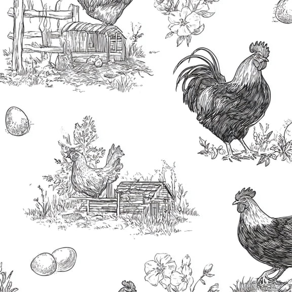Peel and Stick Wallpaper Chicken farm seamless hand drawn ink Chicken coop hens rooster chicks 24in x 118in Contact Paper Removable Self Adhesive Wall Mural Wall Decor for Bedroom Kitchen Cabinets