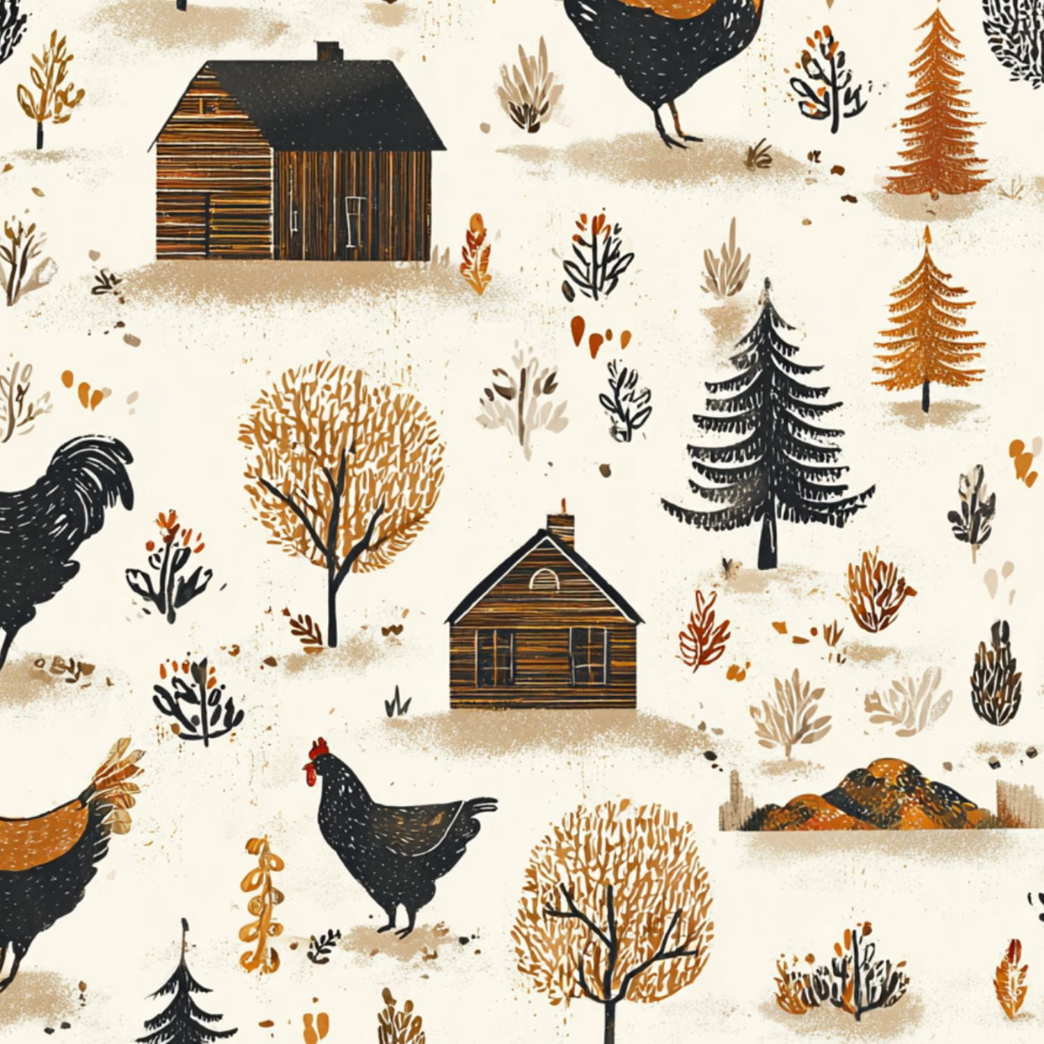 Peel and Stick Wallpaper Chickens Rustic Cabins Farm Autumn Trees Woodland Wall Mural 17.7in x 9.8ft Self Adhesive Removable Wall Paper Renter Friendly Wallpaper for Nursery Bedroom Cabinets