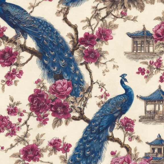 Peel and Stick Wallpaper Chinoiserie Peacock Floral Blue Pink Blossoms Oriental Pavilion 17.7in x 118in Contact Paper Removable Self Adhesive Wall Mural Wall Decor for Bedroom Kitchen Cabinets