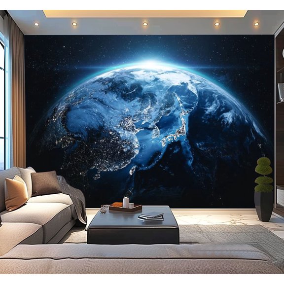 Peel and Stick Wallpaper Cinematic Blue Earth View From Space Night To East Asia World Map Modern Art Wall Mural Decor Self Adhesive and Removable 100in x 144in