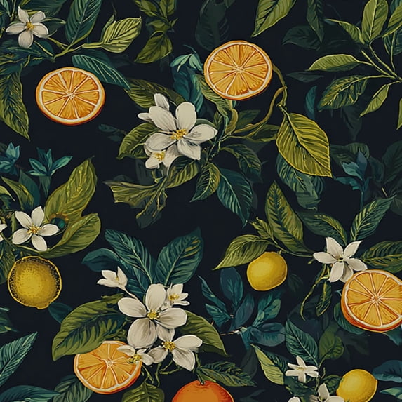 Peel and Stick Wallpaper Citrus Blossoms Sliced Oranges Dark Floral Spring Decor Wall Mural 23.6in x 9.8ft Self Adhesive Removable Wall Paper Renter Friendly Wallpaper for Nursery Bedroom Cabinets