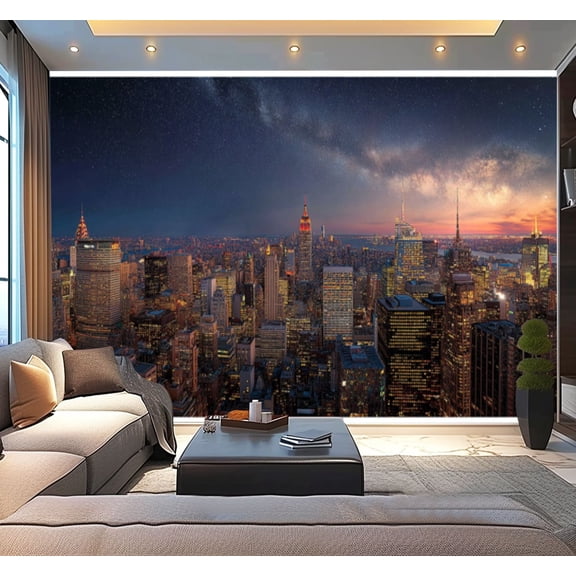 Peel and Stick Wallpaper Cityscape New York City Night Vibrant Lights Starry Sky Modern Art Wall Mural Decor Self Adhesive and Removable 100in x 144in