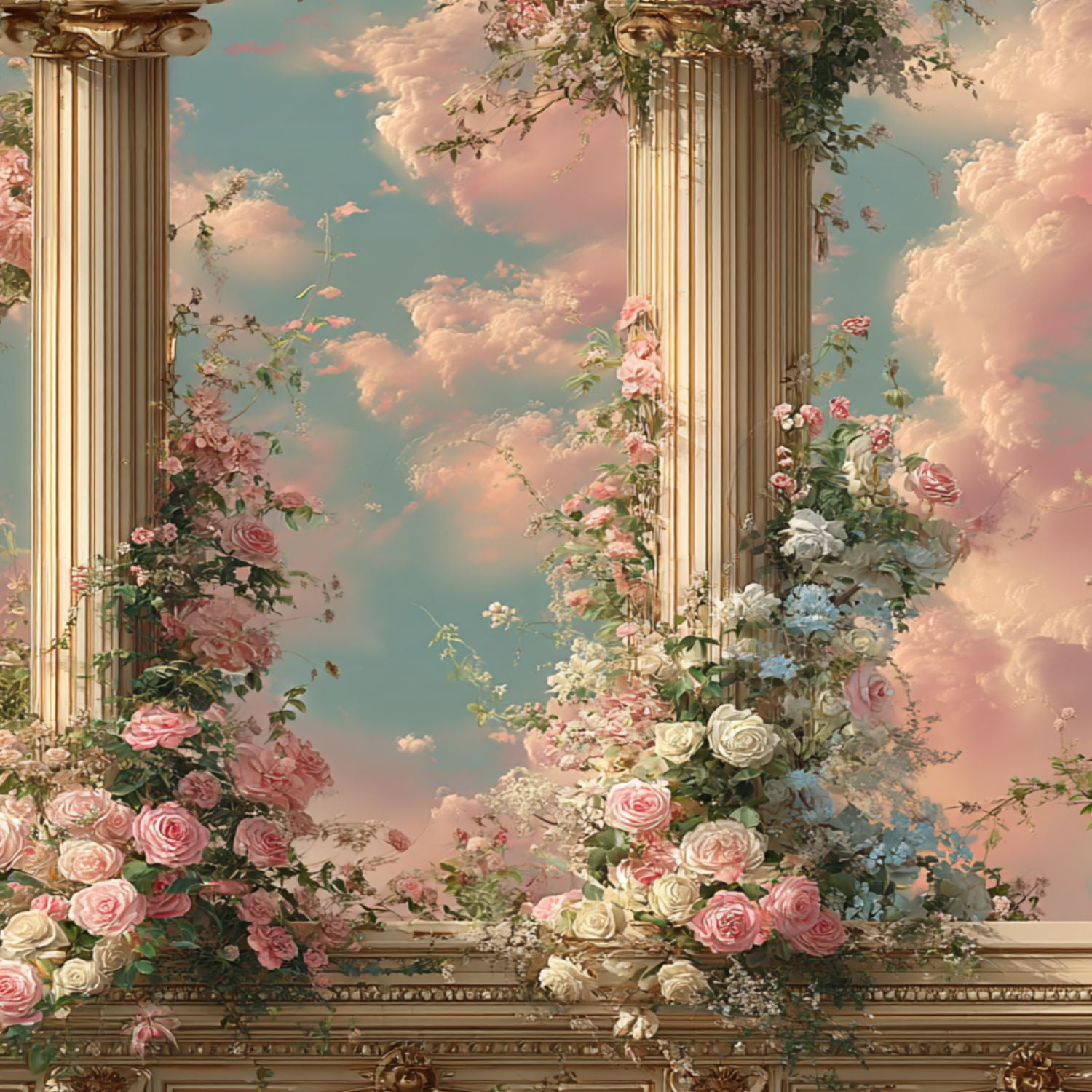 Peel and Stick Wallpaper Classical Columns Wrapped Roses Pastel Clouds Ornate Floral Wall Mural 23.6in x 9.8ft Self Adhesive Removable Wall Paper Renter Friendly Wallpaper for Bedroom