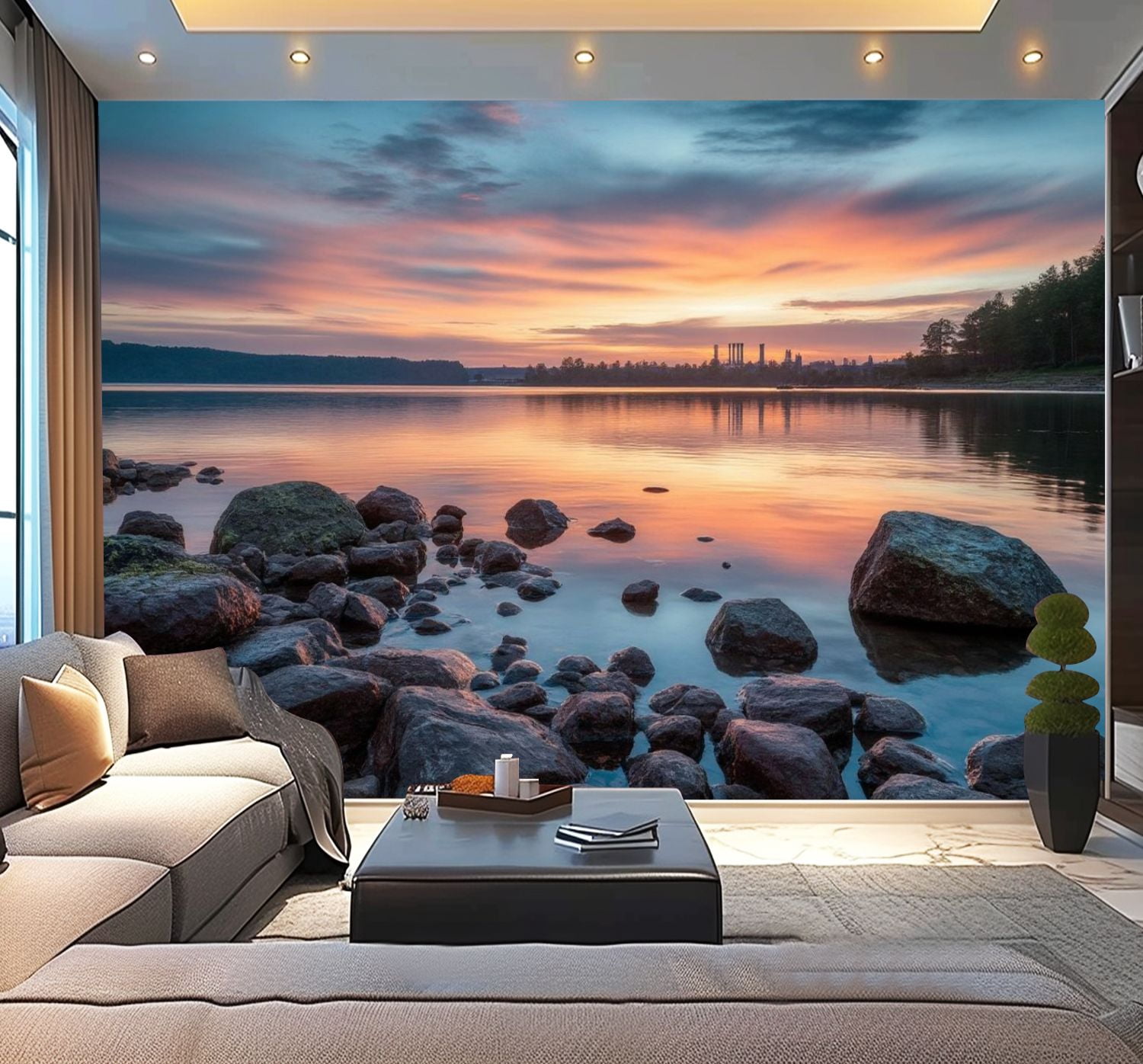 Peel and Stick Wallpaper Cloudscape Lake Sunset Removable Wall Mural Water Rocks Sky Distant Modern Art Wall Mural Decor Self Adhesive and Removable 100in x 144in