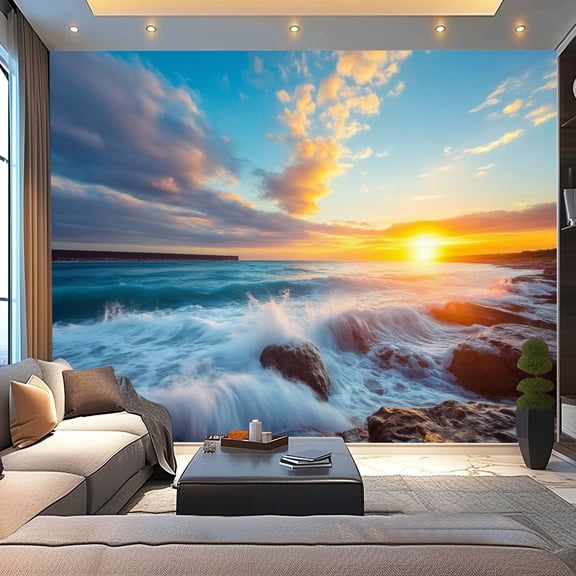 Peel and Stick Wallpaper Cloudscape Sea Sunrise Wall Mural Self Adhesive Ocean Sunset Waves Sky Modern Art Wall Mural Decor Self Adhesive and Removable 100in x 144in