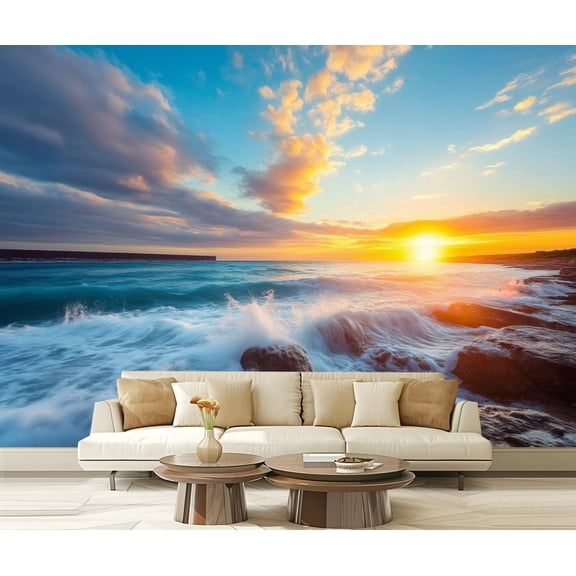 Peel and Stick Wallpaper Cloudscape Sea Sunrise Wall Mural Self Adhesive Ocean Sunset Waves Sky Modern Art Wall Mural Decor Self Adhesive and Removable 69in x 98in