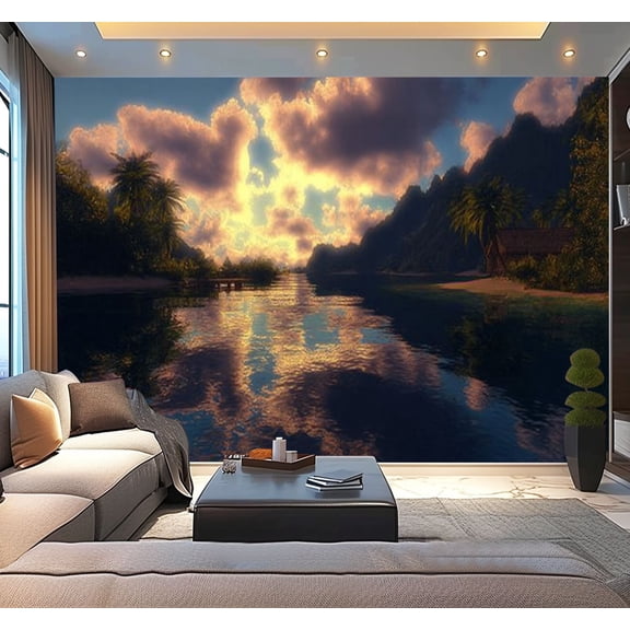 Peel and Stick Wallpaper Coconut Island Sunset Hawaii Sky Clouds Trees Water Body Buildings Modern Art Wall Mural Decor Self Adhesive and Removable 100in x 144in