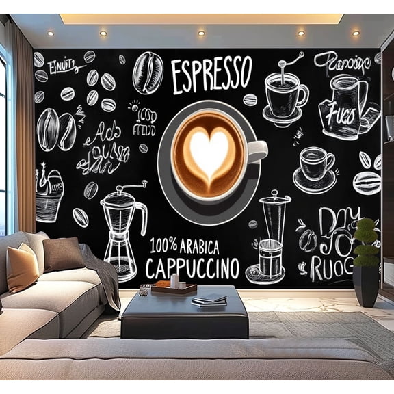 Peel and Stick Wallpaper Coffee Shop Removable Wall Mural Cafe Restaurant Snack Bar Coffee Cup Modern Art Wall Mural Decor Self Adhesive and Removable 100in x 144in