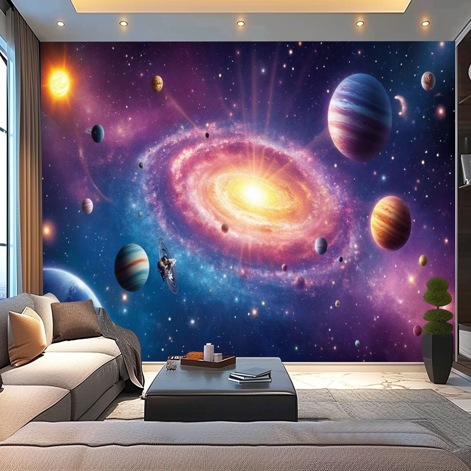 Peel and Stick Wallpaper Color Planet Galaxy Nursery Galaxy Stars Planets Nebula Spiral Modern Art Wall Mural Decor Self Adhesive and Removable 100in x 144in