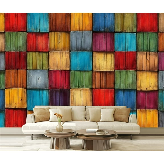 Peel and Stick Wallpaper Colorful 3D Wood Abstract Wall Mural Bedroom Colored Wooden Cubes Modern Art Wall Mural Decor Self Adhesive and Removable 69in x 98in