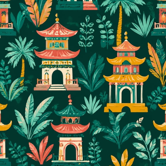 Peel and Stick Wallpaper Colorful Asian Pagoda Tropical Palm Leaves 24in x 118in Contact Paper Removable Self Adhesive Wall Mural Wall Decor for Bedroom Kitchen Cabinets