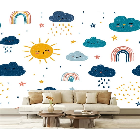 Peel and Stick Wallpaper Colorful Baby Rainbow Sun Rain Clouds Moon Stars Sky Seamless Weather 100"x144" Contact Paper Removable Self Adhesive Wall Mural Wall Decor for Bedroom Kitchen Cabinets