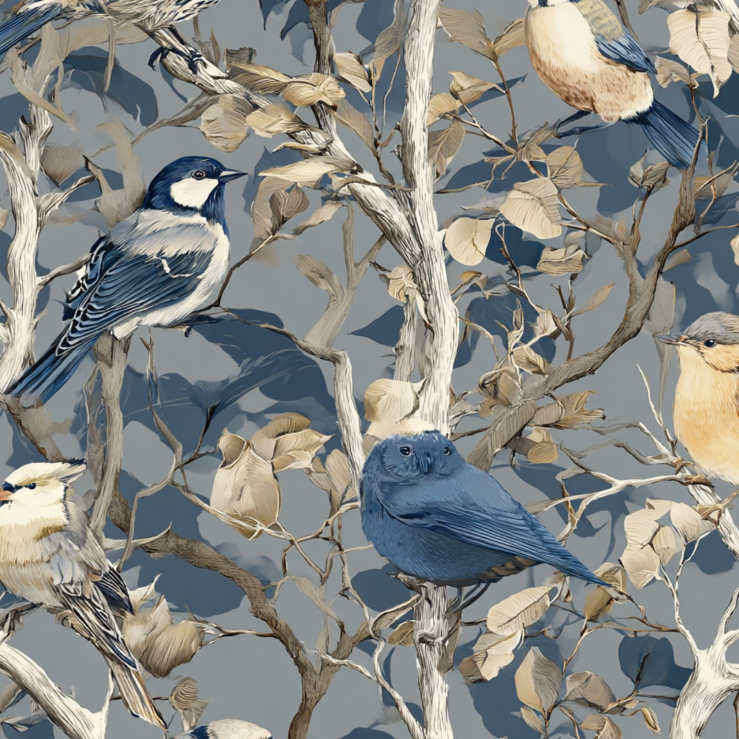 Peel and Stick Wallpaper Colorful Birds Perched Branches Blue Beige ...
