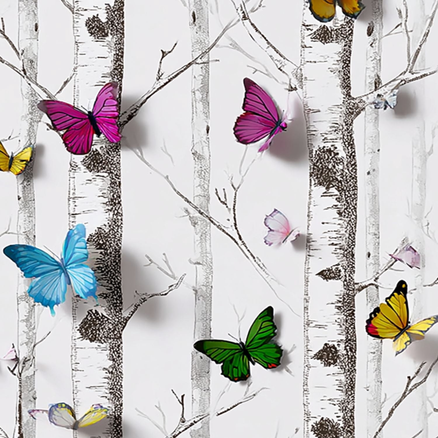 Peel and Stick Wallpaper Colorful Butterflies Birch Tree Branches White ...