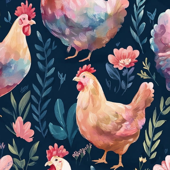 Peel and Stick Wallpaper Colorful Chickens Floral Dark Blue Wall Mural 23.6in x 9.8ft Self Adhesive Removable Wall Paper Renter Friendly Wallpaper for Bedroom