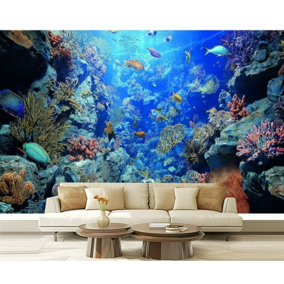 Peel and Stick Wallpaper Colorful Coral Reef Tropical Fish Vibrant Underwater Ocean Scene Modern Art Wall Mural Decor Self Adhesive and Removable 69in x 98in