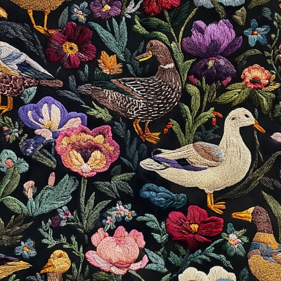 Peel and Stick Wallpaper Colorful Floral Embroidery Ducks Birds Black Wall Mural 17.7in x 9.8ft Self Adhesive Removable Wall Paper Renter Friendly Wallpaper for Nursery Bedroom Cabinets